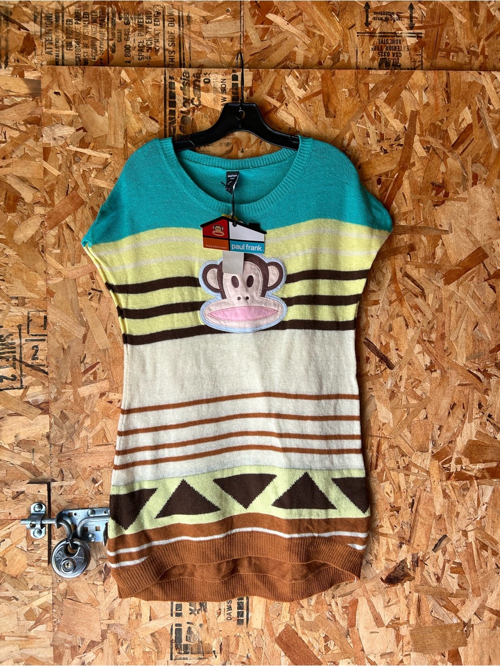 Paul Frank Turquoise, Cream & Brown Striped Knit Top with Monkey Patch
